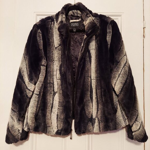 Dennis Basso Black & Gray Faux Fur Jacket size Large - Picture 1 of 1